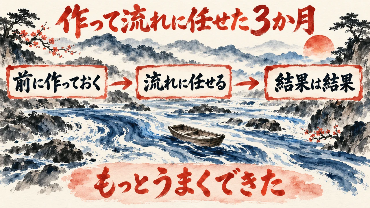 放置の締めの図解。前に作っておく、流れに任せる、結果は結果、の3枚の札が矢印でつながり、下の帯にもっとうまくできたと書かれている。
