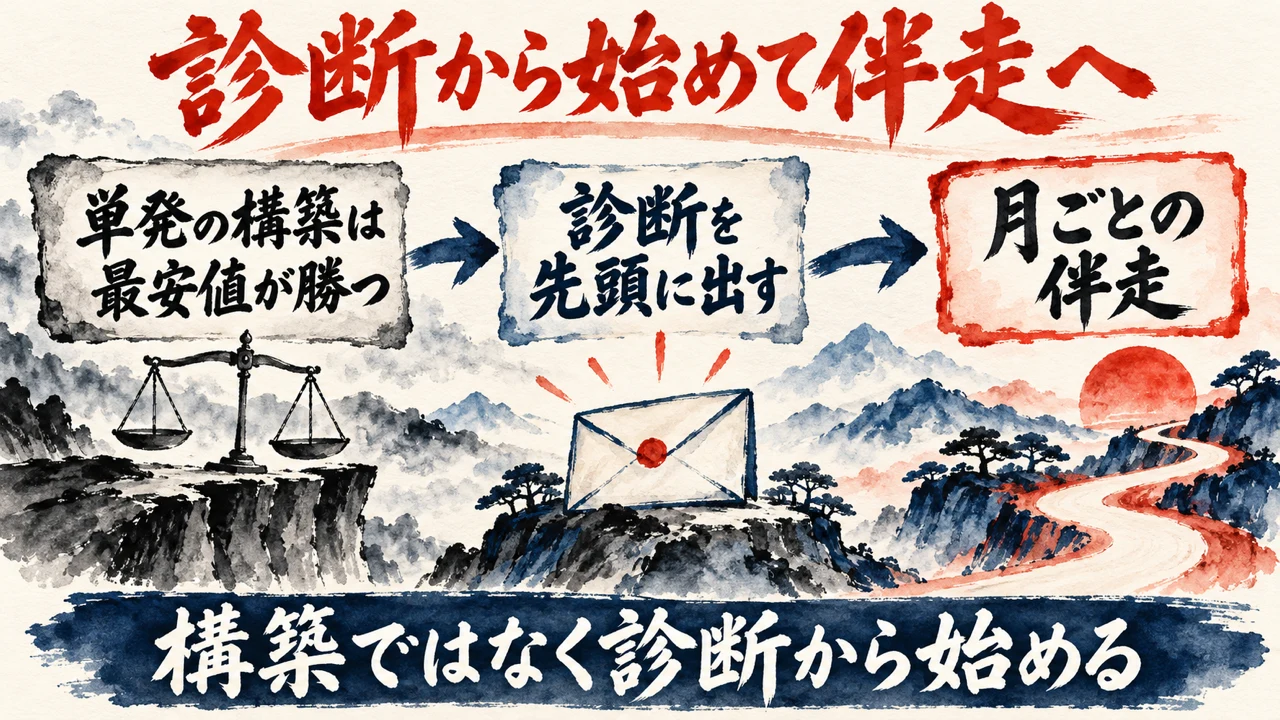 図解。単発の構築は最安値が勝つ、診断を先頭に出す、月ごとの伴走、の三つの札で、構築ではなく診断から始めると示す