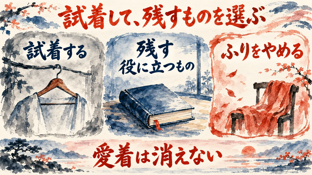 図解: 試着する、残す役に立つもの、ふりをやめる、の三つ。愛着は消えない