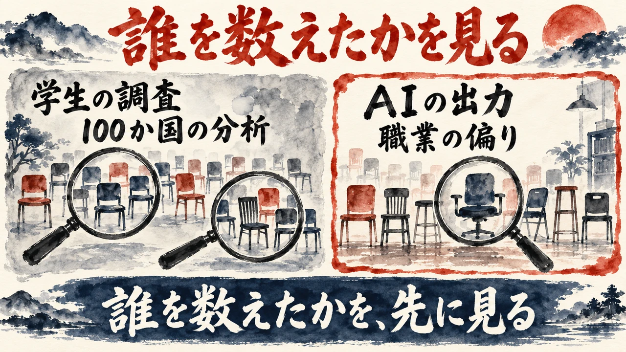 図解: 左は学生の調査と100か国の分析、右はAIの出力と職業の偏り。それぞれ虫眼鏡で椅子の群れを見る。下の帯は、誰を数えたかを先に見る
