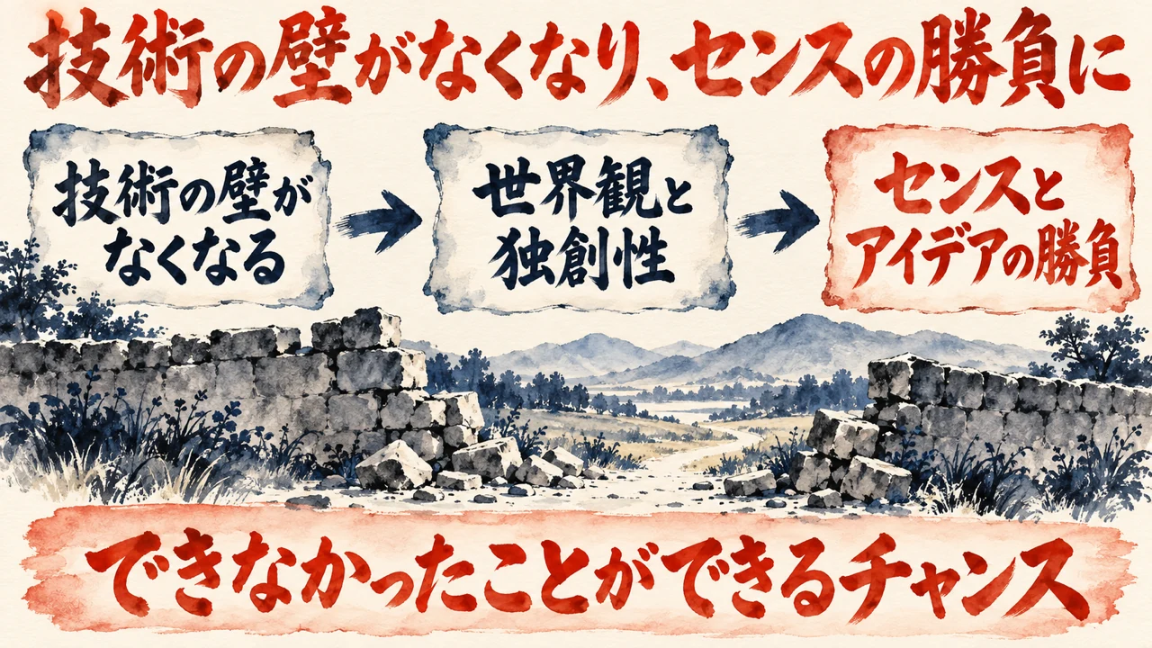 「センスとアイデアの勝負」の図解。「技術の壁がなくなる」「世界観と独創性」「センスとアイデアの勝負」の三つの札と、下の帯に「できなかったことができるチャンス」