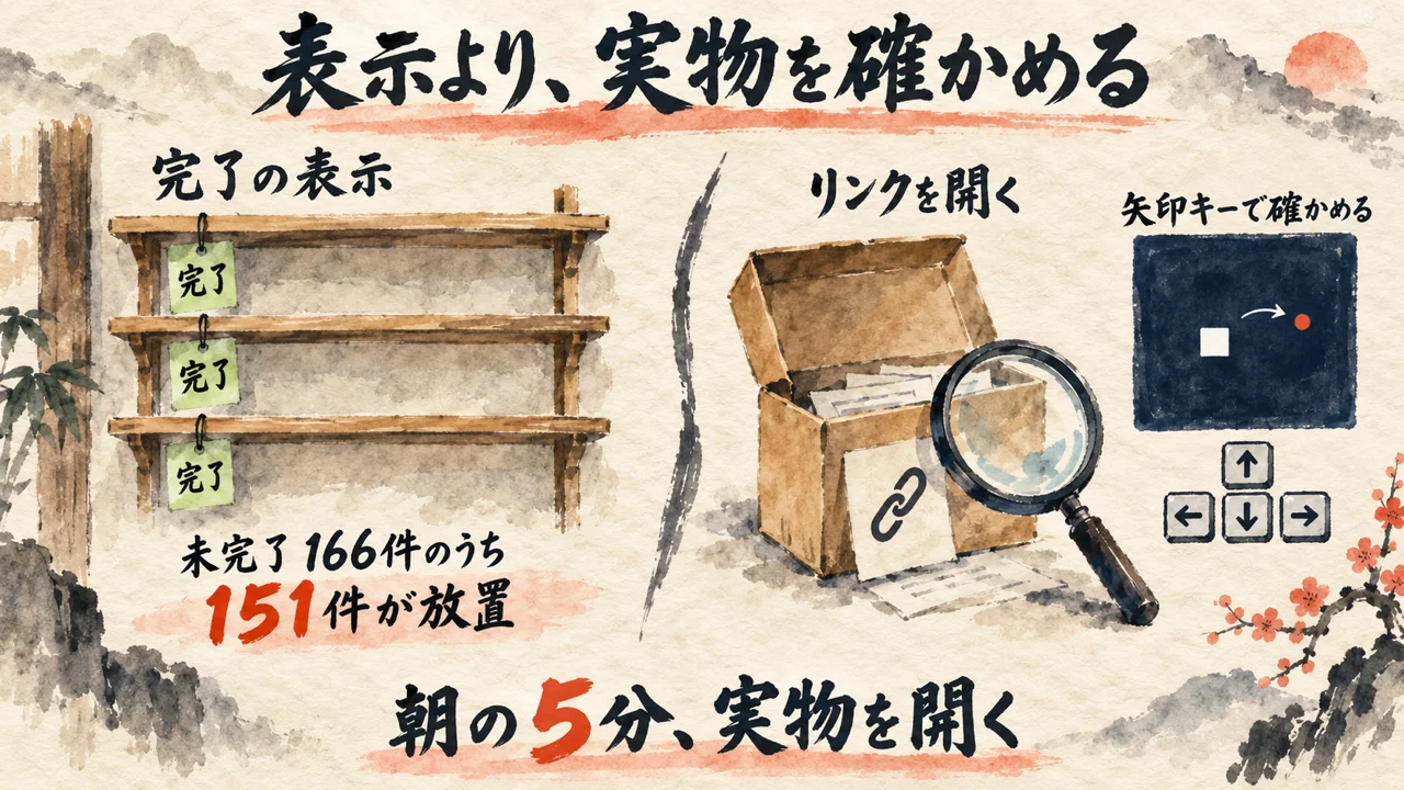 表示より実物を確かめる:完了の札と、開いた箱と虫眼鏡