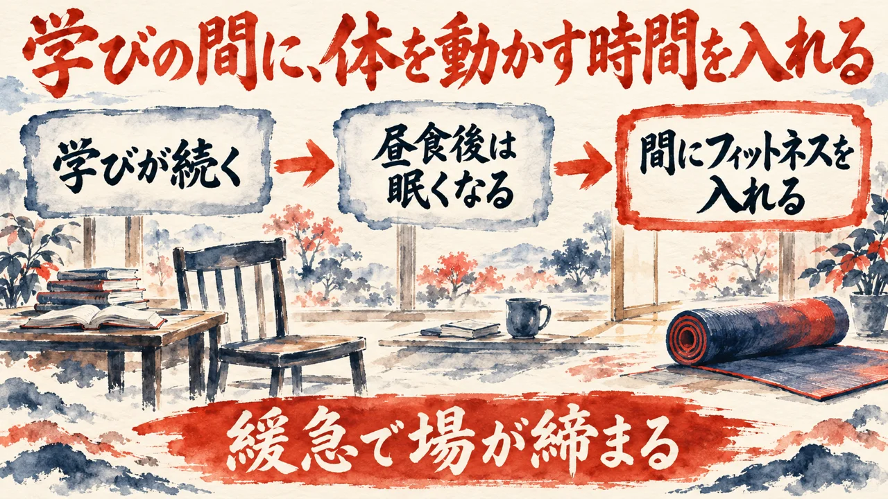 図解。学びが続く、昼食後は眠くなる、間にフィットネスを入れる、の三つの札が矢印で並び、木の椅子と丸めたヨガマットの水彩画が添えられている。下の帯に緩急で場が締まるの文字。見出しは学びの間に、体を動かす時間を入れる