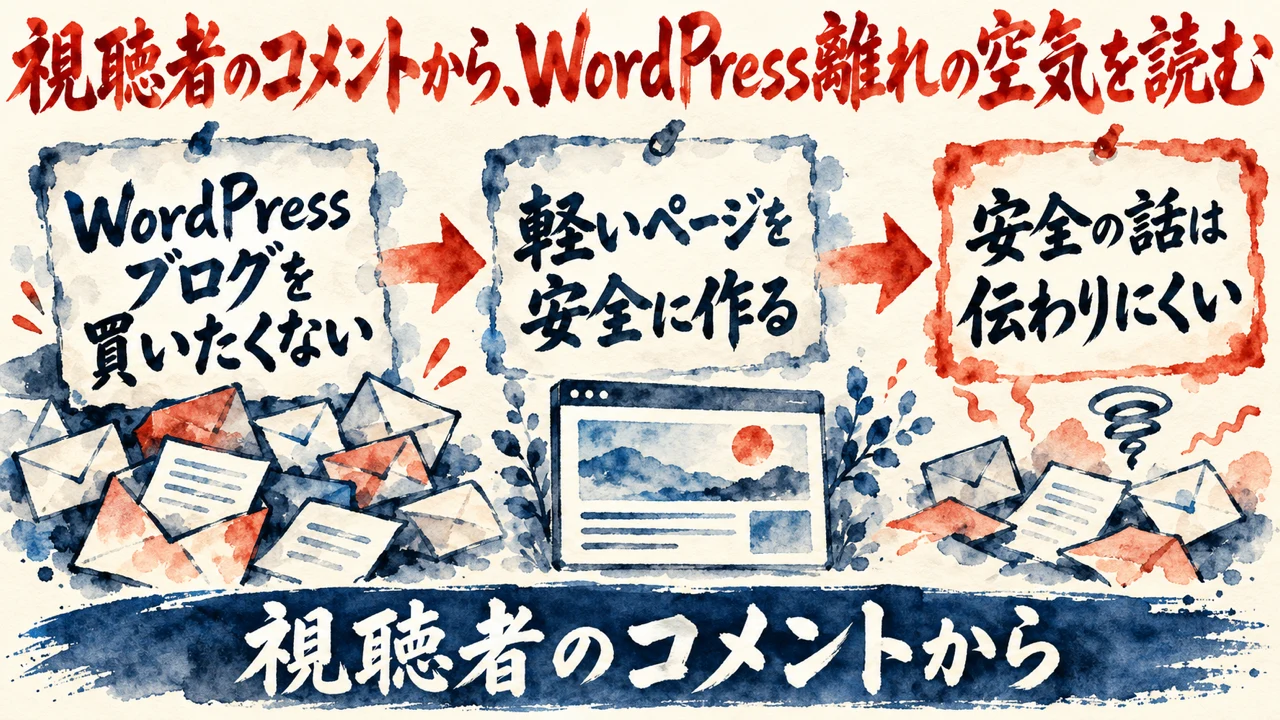図解。WordPressブログを買いたくない、軽いページを安全に作る、安全の話は伝わりにくい、の三つの札に、並ぶ封筒と窓の水彩画が描かれている。見出しは、視聴者のコメントから、WordPress離れの空気を読む