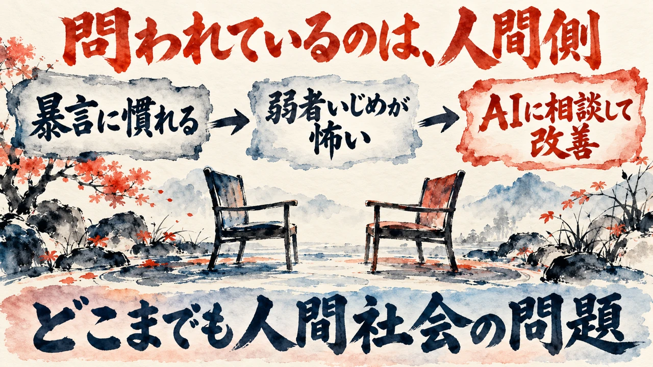 図解。暴言に慣れる、弱者いじめが怖い、AIに相談して改善、の三つの札に、向かい合う二つの椅子の水彩画が描かれている。見出しは問われているのは、人間側