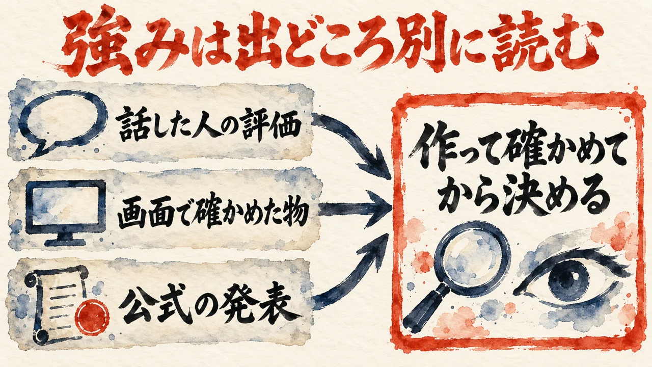 話した人の評価、画面で確かめた物、公式の発表の三つの札が、作って確かめてから決める箱に集まる図解