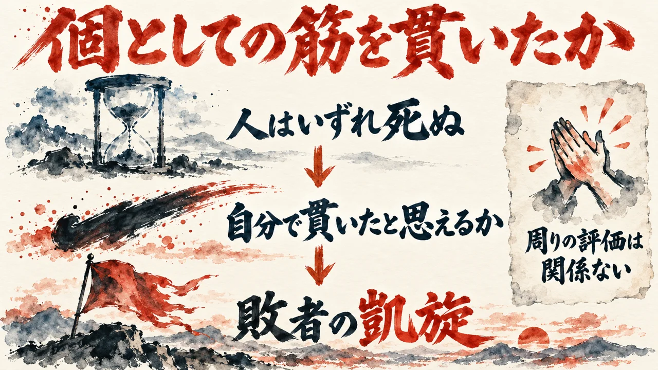 人はいずれ死ぬ、自分で貫いたと思えるか、敗者の凱旋という問いの流れを描いた図解