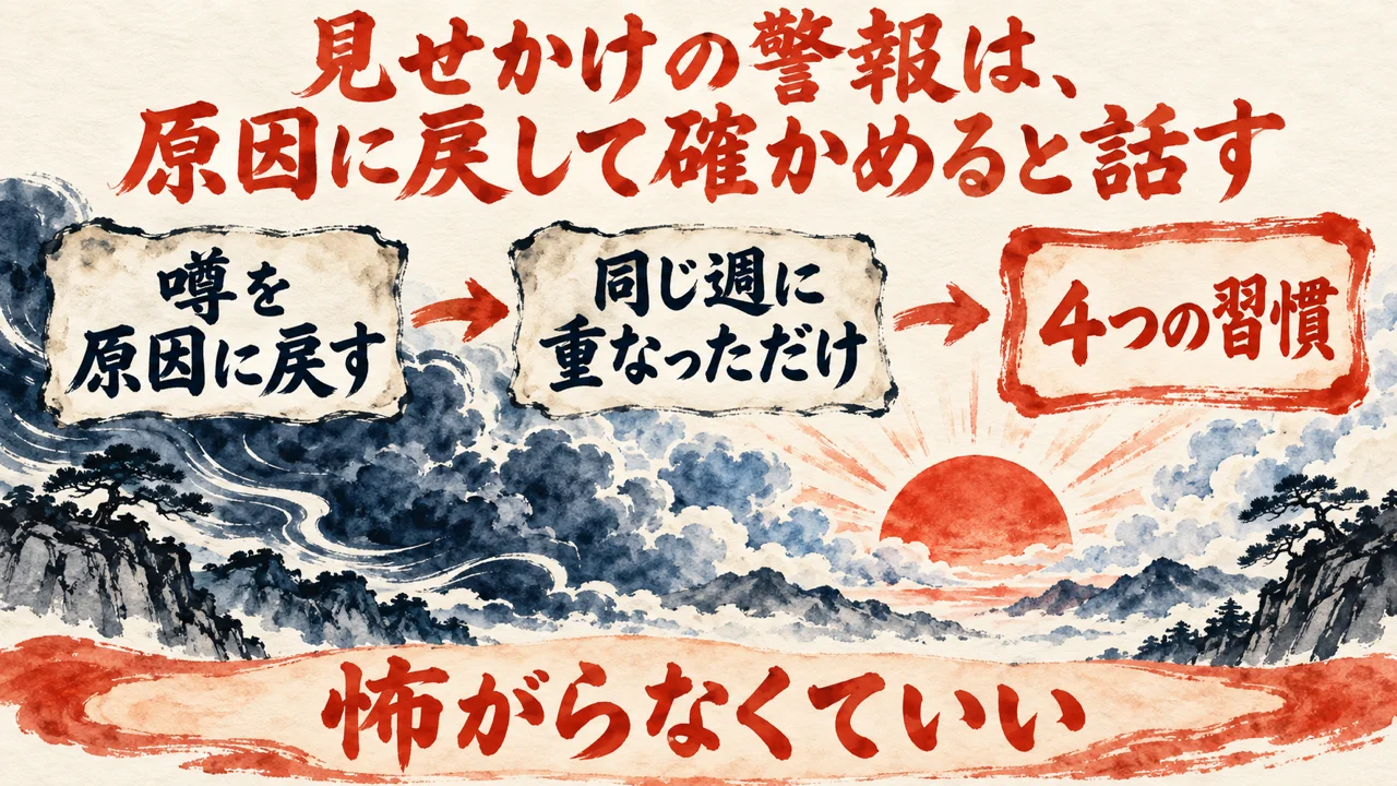 図解。噂を原因に戻す、同じ週に重なっただけ、4つの習慣、の三つの札が矢印で並び、晴れ間の水彩画が描かれている。見出しは、見せかけの警報は、原因に戻して確かめると話す