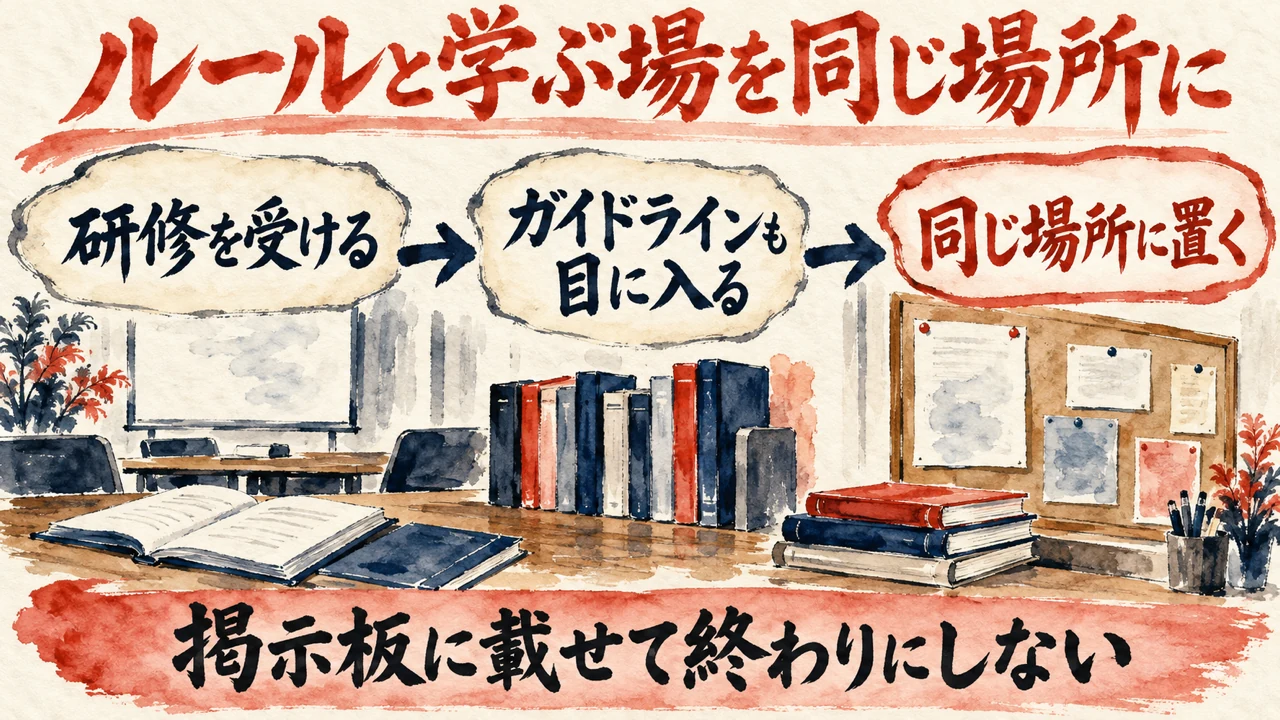 「教育とガイドラインを同時に」の図解。「研修を受ける」「ガイドラインも目に入る」「同じ場所に置く」の三つの札と水彩画。下の帯に「掲示板に載せて終わりにしない」