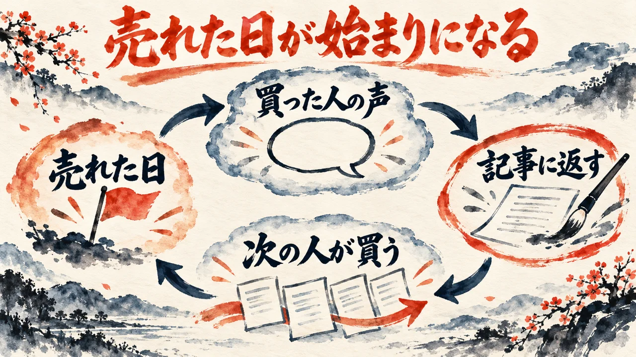 売れた日から買った人の声、記事に返す、次の人が買うへと輪になってつながる図解