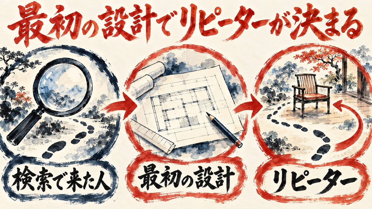 検索で来た人、最初の設計、リピーター、の三つの場面が矢印でつながる図解