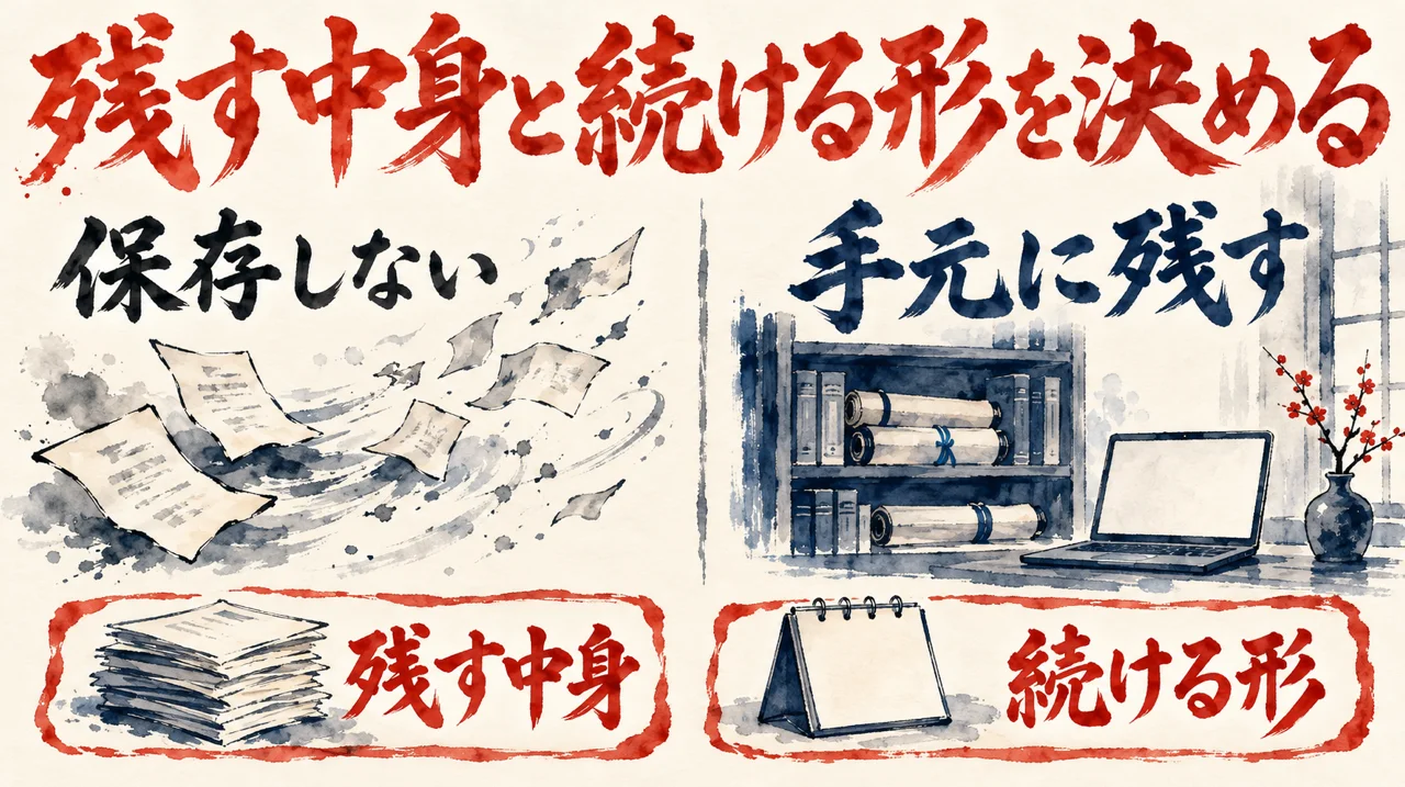 保存しない場合と手元に残す場合を左右に並べ、下に残す中身と続ける形の二枚の札を置いた図解