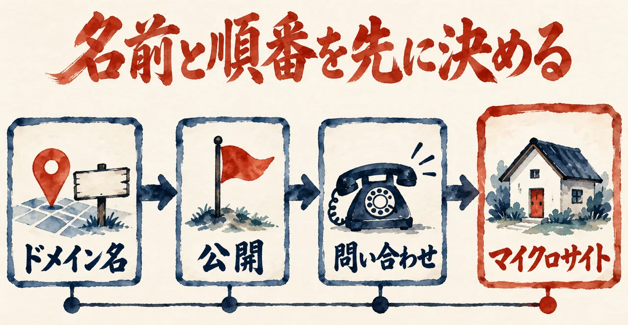 ドメイン名、公開、問い合わせ、マイクロサイトの四枚の札が矢印でつながる図解