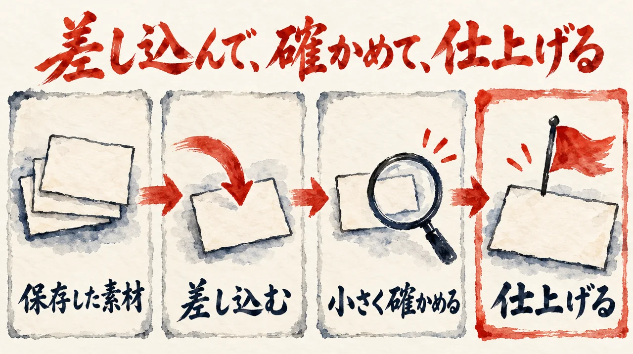 保存した素材、差し込む、小さく確かめる、仕上げるの四枚の札が矢印でつながる図解
