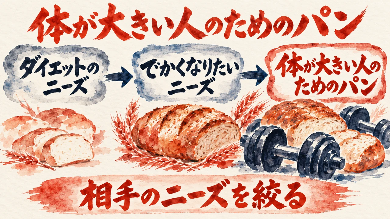 図解。ダイエットのニーズ、でかくなりたいニーズ、体が大きい人のためのパン、の三つの札に、パンとダンベルの水彩画が描かれ、下の帯に相手のニーズを絞るの文字。見出しは体が大きい人のためのパン