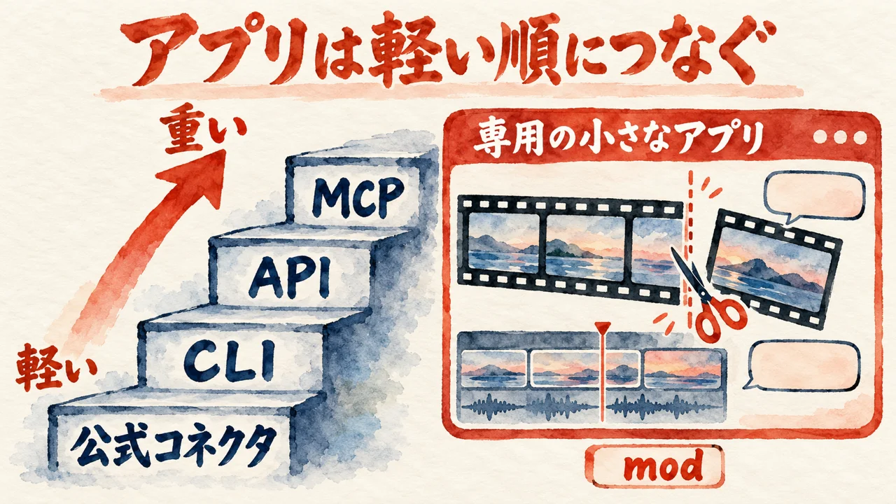 公式コネクタ、CLI、API、MCPが軽い順に階段で並び、右に動画を切る専用の小さなアプリの画面がある図解