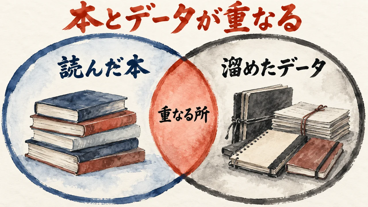 読んだ本と、積み重なったデータが重なり合う図