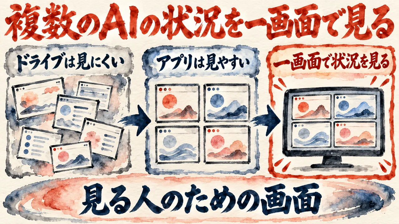 図解。Googleドライブは見にくい、アプリは見やすい、一画面で状況を見る、の三つの札に、並んだ小さな窓の水彩画が描かれている。見出しは複数のAIの状況は一画面で見る
