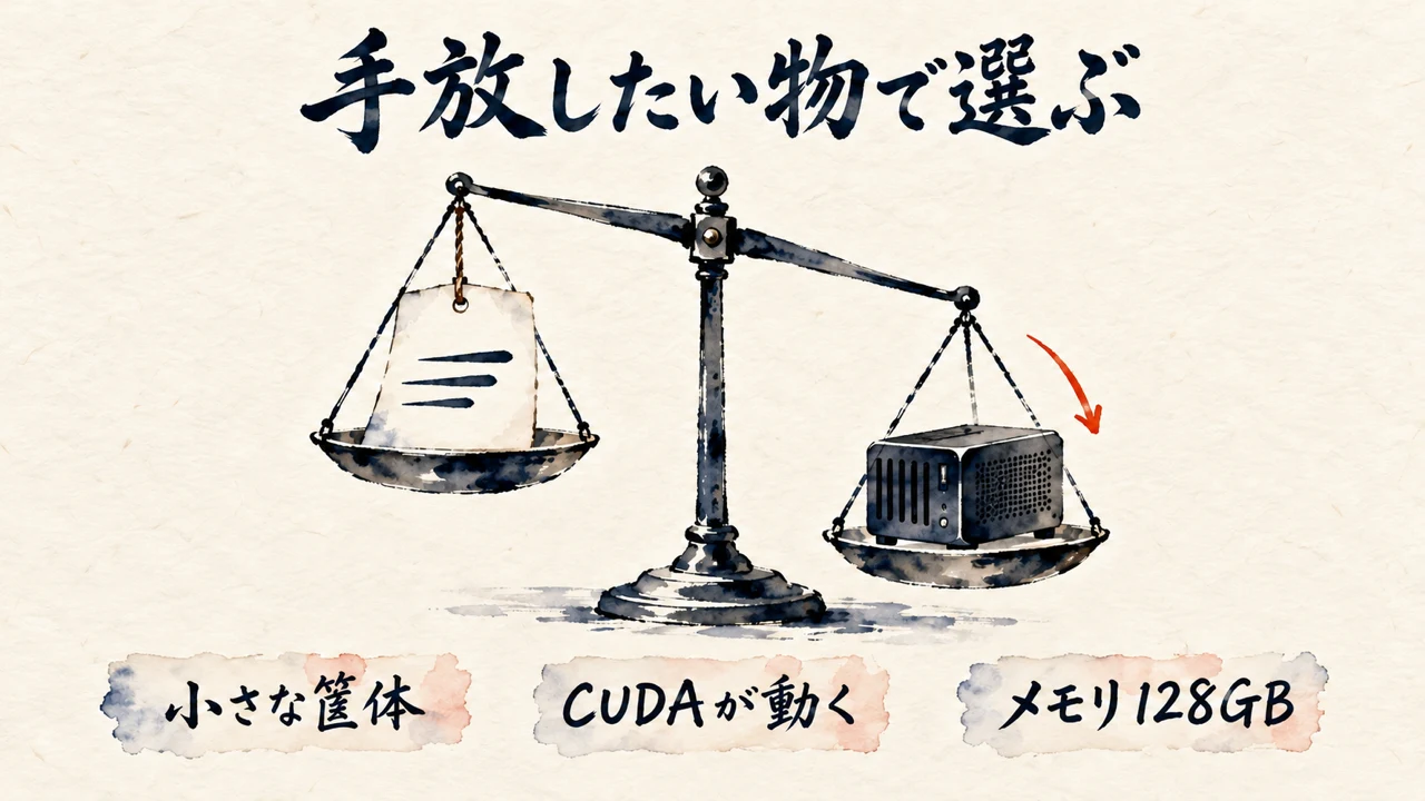 図解。小さな筐体、CUDAが動く、メモリ128GB、の三つの札に、小さな箱と天秤の水彩画が描かれている。見出しは速さ全振りではなく、小さな箱にCUDAと128GBがそろう意味