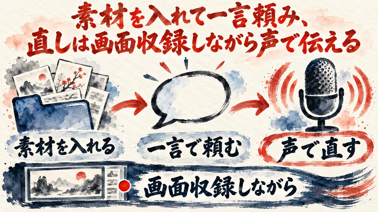 図解。素材を入れる、一言で頼む、声で直す、の三つの札に、マイクの水彩画が描かれている。見出しは素材を入れて一言頼み、直しは画面収録しながら声で伝える