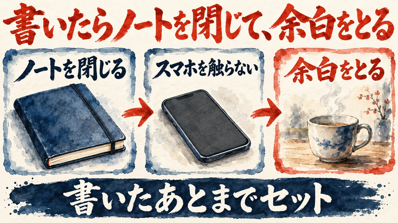 図解。ノートを閉じる、スマホを触らない、余白の時間をとる、の札が矢印で並び、閉じたノートと湯気の立つカップの水彩画が添えられている。見出しは書いたら閉じて余白をとる