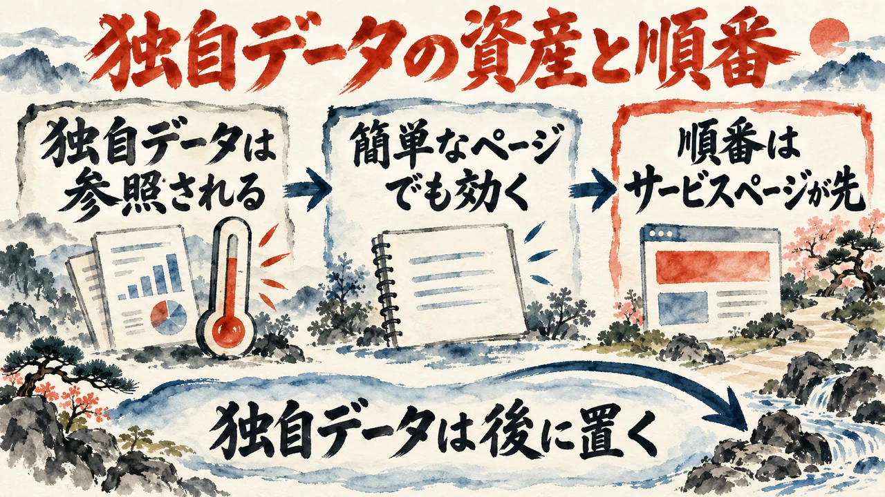 図解。独自のデータは参照される、簡単なページでも効く、順番はサービスページが先、の三つの札で、独自データを後に置く順番を示す
