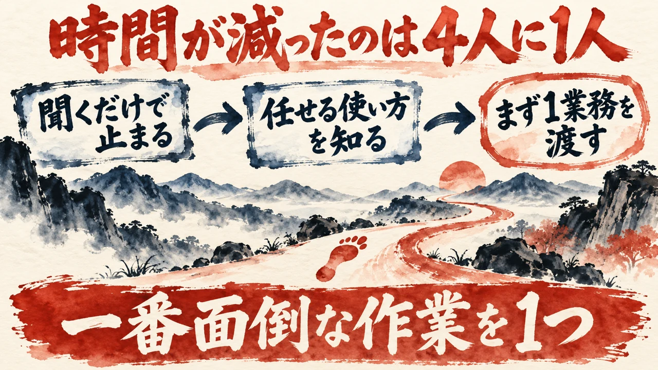 図解。聞くだけで止まる、任せる使い方を知る、まず1業務を渡す、の三つの札が矢印で並ぶ水彩画。見出しは時間が減ったのは4人に1人
