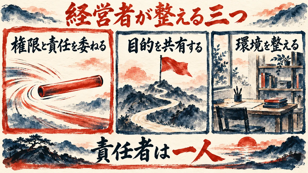 権限と責任を委ねる、目的を共有する、環境を整えるの三枚の札を並べ、下に責任者は一人の土台を置いた図解