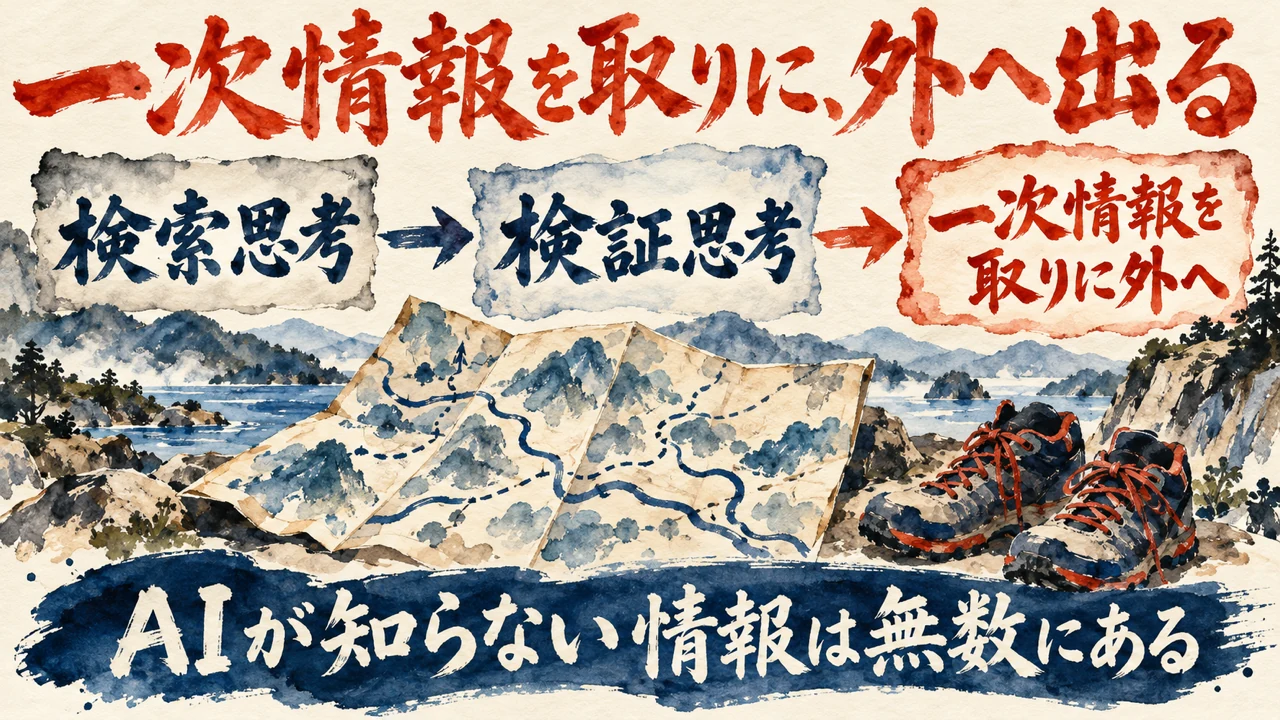 図解。検索思考から検証思考へ、AIが知らない一次情報を取りに外へ出る流れを、地図と登山靴の水彩画で描いた図