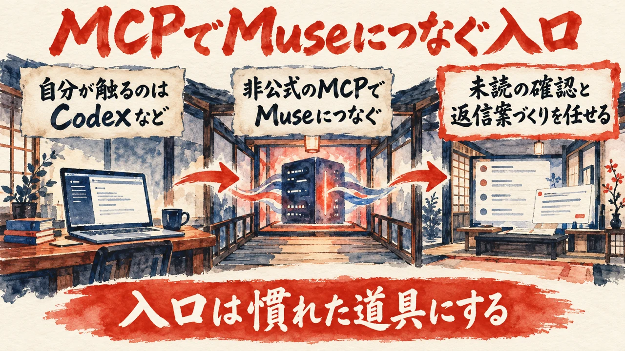 図解。自分が触るのはCodexなど、非公式のMCPでMuseにつなぐ、Messengerの未読確認と返信案づくりを任せる、の三つの札で、入口の作り方を示す