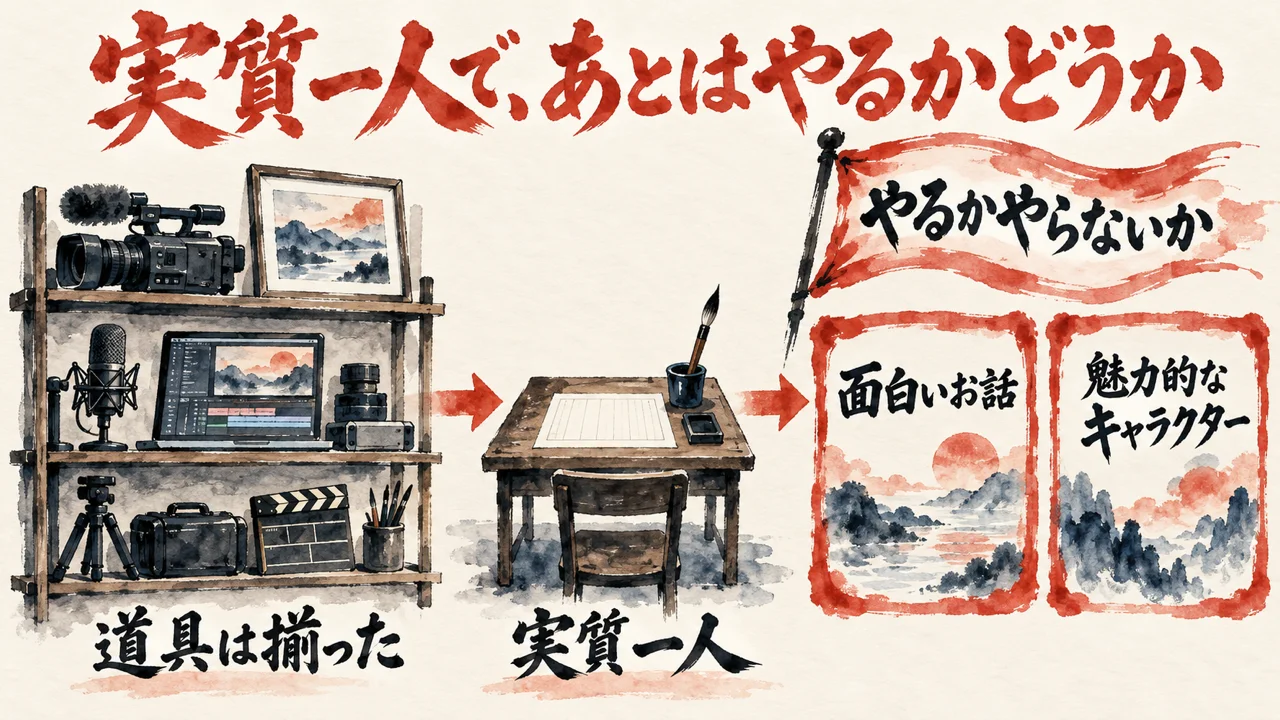 道具が並ぶ棚から、実質一人の机を経て、面白いお話と魅力的なキャラクターの二枚の札に、やるかやらないかの旗が立つ図解