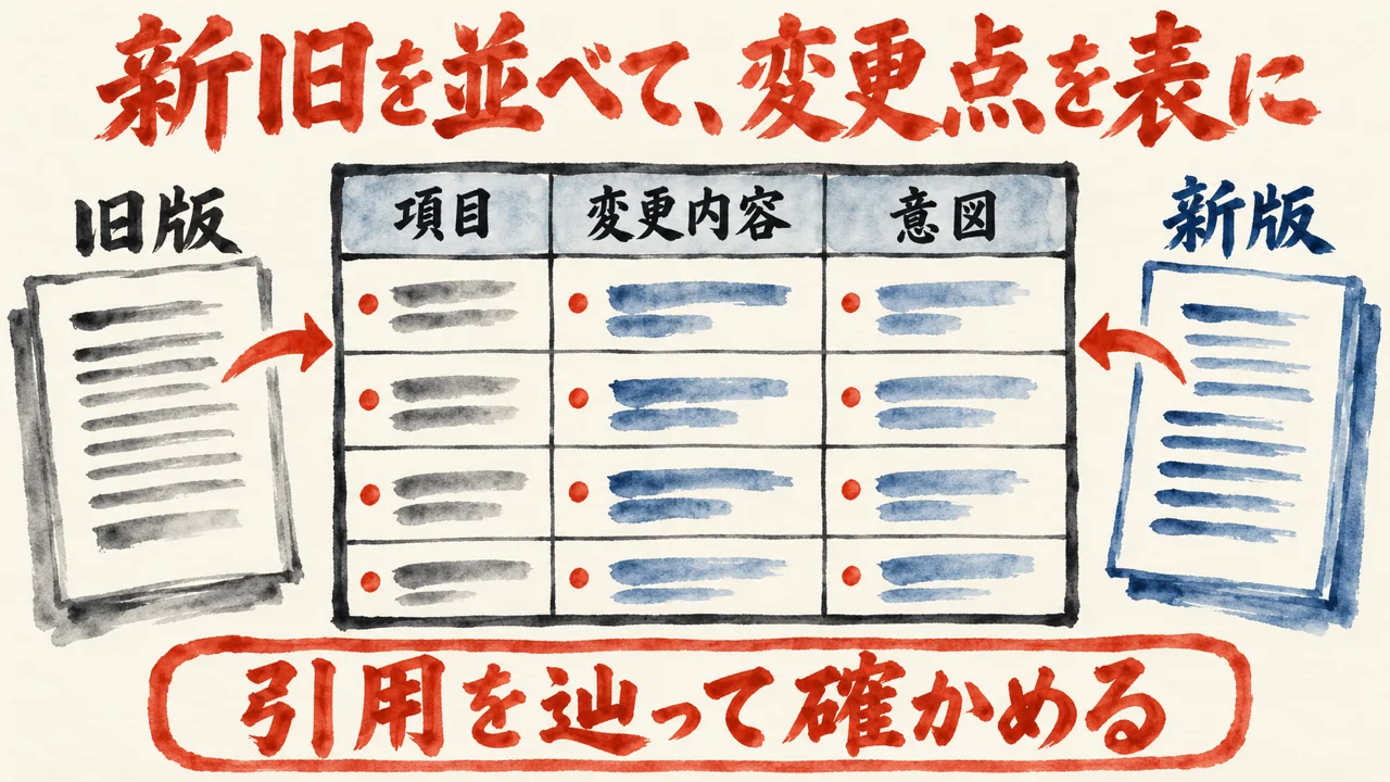 旧版と新版の書類から、項目、変更内容、意図の表へ矢印を引き、下に、引用を辿って確かめる、の札を置いた図解