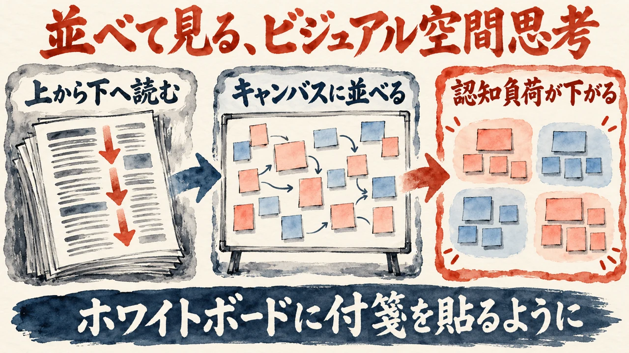 図解。上から下へ読む文書から、キャンバスに並べて見る形へ移り、認知負荷が下がる流れを描いた水彩画