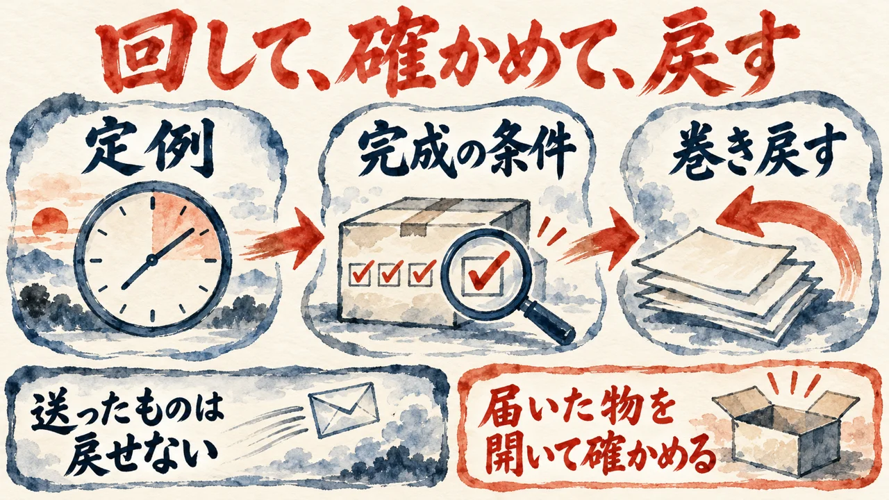 定例、完成の条件、巻き戻すの三枚の札が矢印でつながり、送ったものは戻せないことと届いた物を開いて確かめることを下に置いた図解