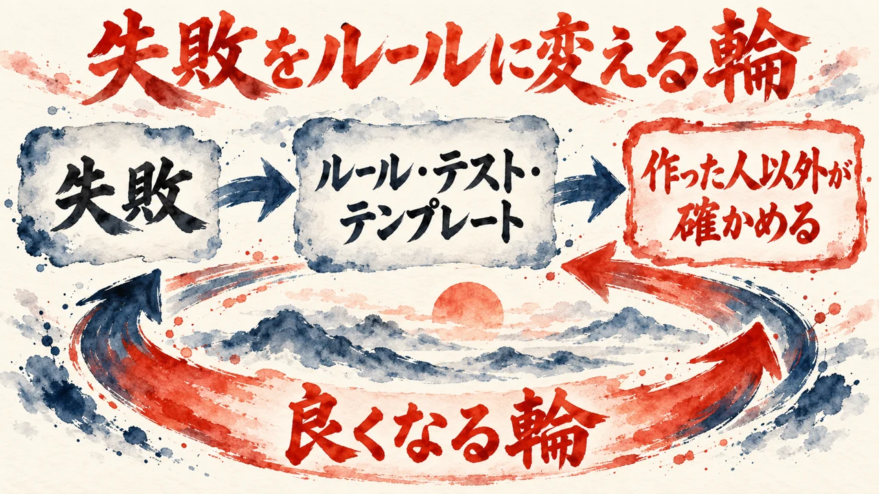 図解。失敗をルールに変え、作った人以外が確かめる輪の流れを、水彩画で描いた図