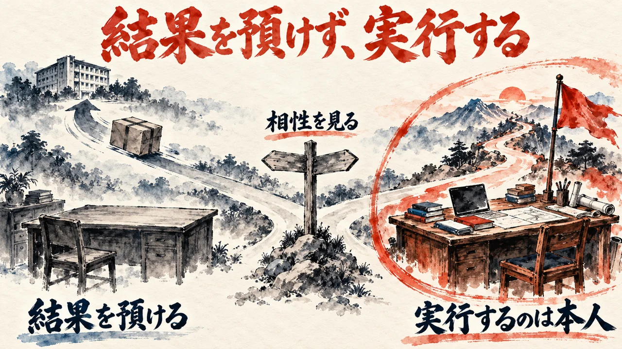 結果の箱が遠くへ運ばれる場面と、自分の机で旗を立てて実行する場面を左右に並べた図解
