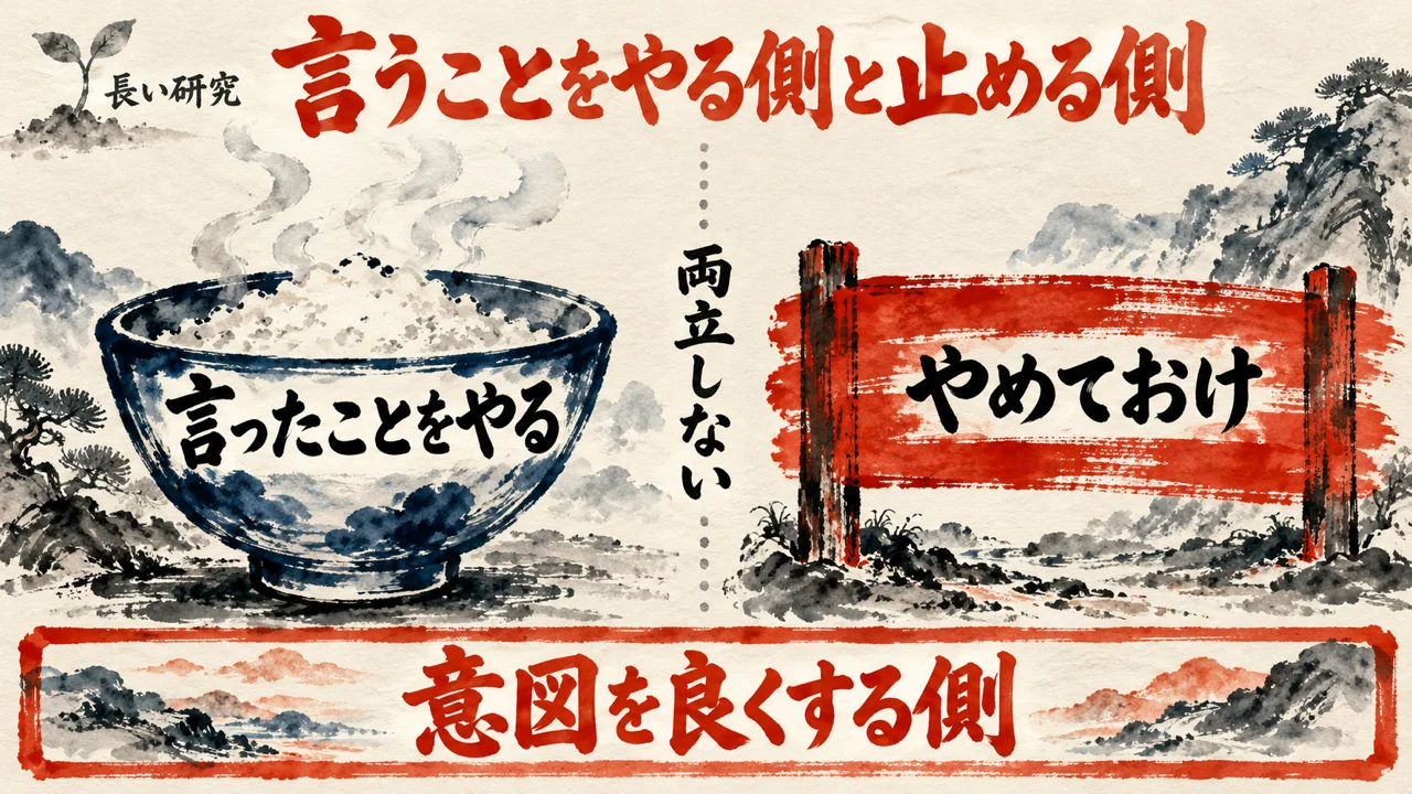言ったことをやる丼の札と、やめておけと広げた手のひらの札を向かい合わせ、間に両立しないの点線、下に意図を良くする側の土台を置いた図解