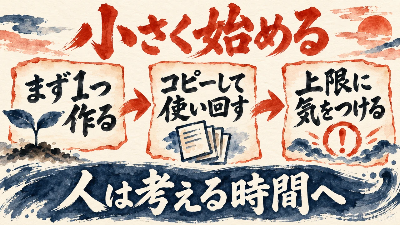 図解。まず小さい所から作る、コピーして使い回す、25個の上限に気をつける、の三つの札で、小さく始める順番を示す