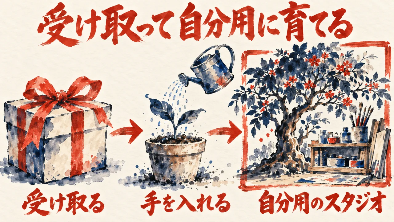 受け取った箱に手を入れて育て、自分用のスタジオに育つ三段の流れを描いた図解