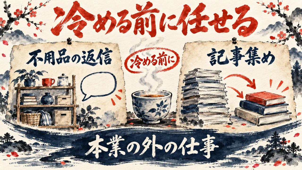 不用品の返信と記事集めの二枚の札の間に、湯気が消えかけた湯のみを置き、下に本業の外の仕事の土台を敷いた図解