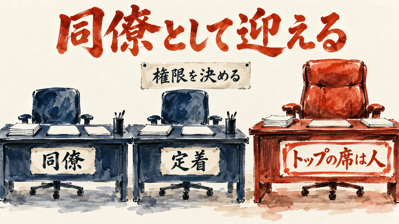同僚と定着の机を横に並べ、権限を決める札を掲げ、右端の朱色の椅子をトップの席として空けた図解