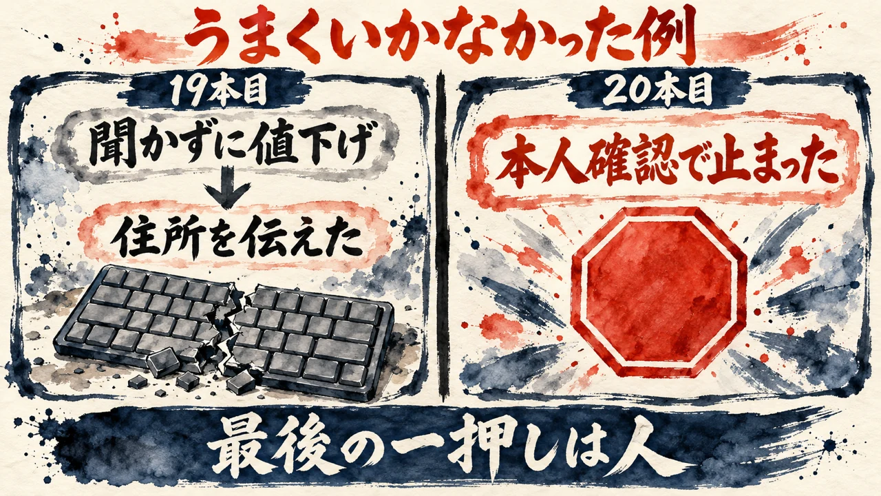 図解。19本目は聞かずに値下げして住所を伝えた例、20本目は本人確認で止まった例。二つの事例を仕切り線で分け、最後の一押しは人と示す
