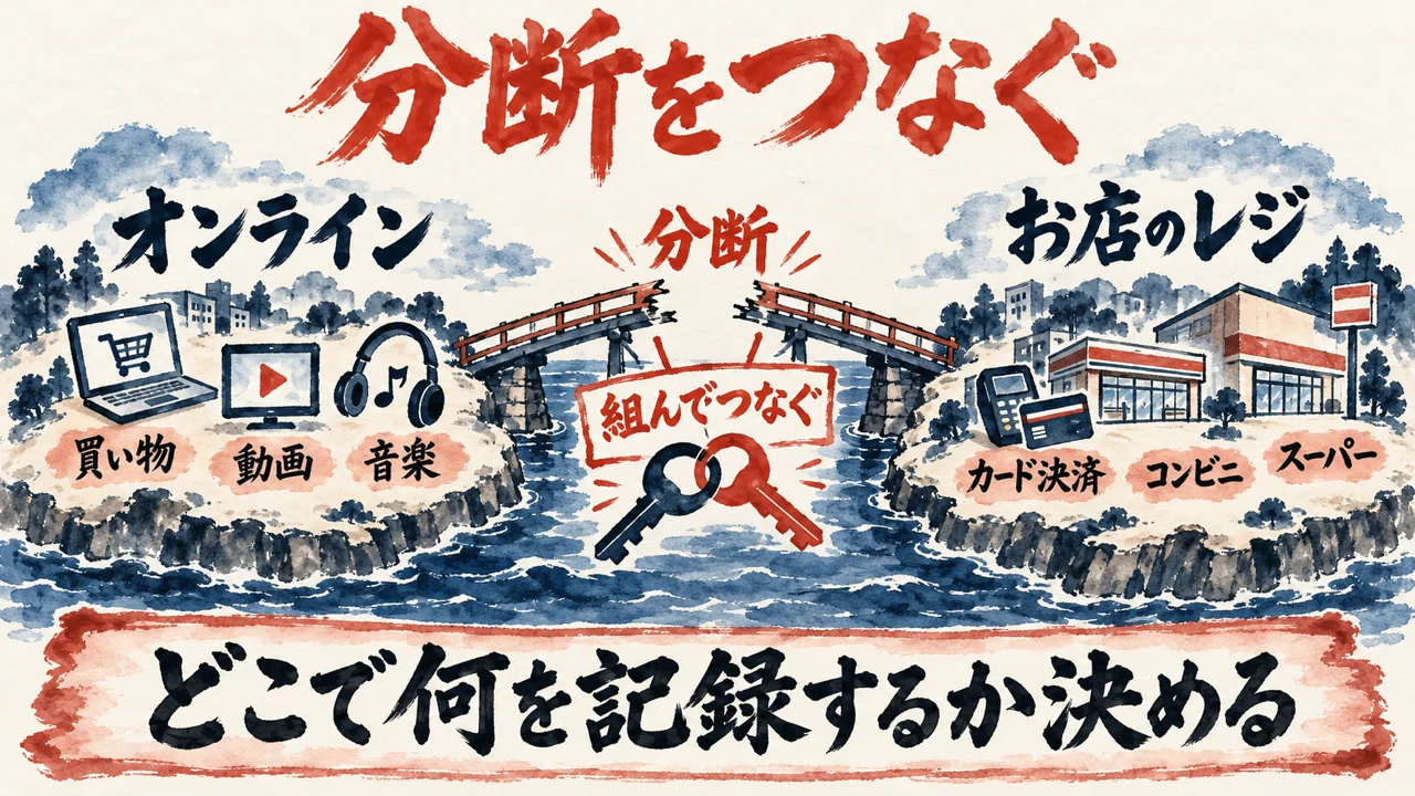 オンラインの島とお店のレジの島の間に川があり、途切れた橋を、組んでつなぐ札で結ぶ図解。下に、どこで何を記録するか決める、の帯
