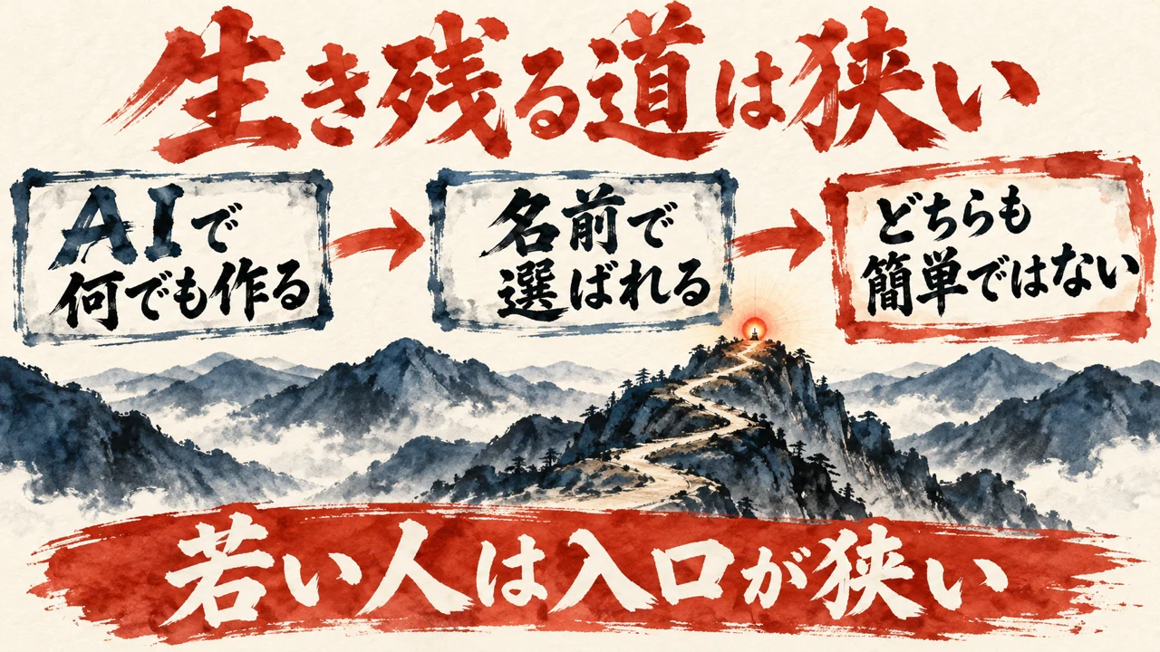 図解。AIで何でも作る、名前で選ばれる、どちらも簡単ではない、の三つの札があり、細い山道の絵と、下の帯に若い人は入口が狭いと書かれている