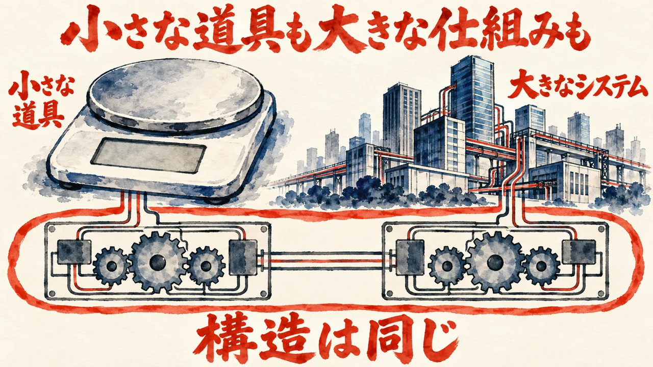 小さな電子はかりと大きなビルの下に、同じ形の歯車の設計図が構造は同じと並ぶ図解