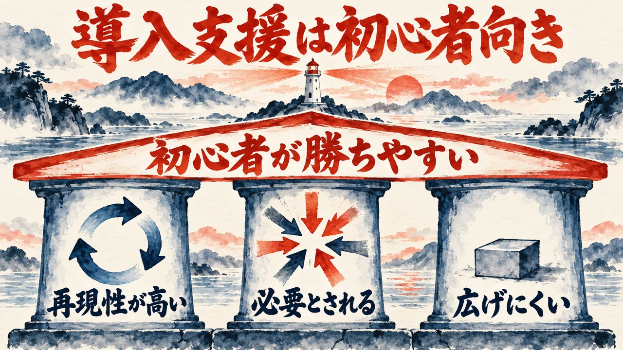 再現性が高い、必要とされる、広げにくいの三本の柱が、初心者が勝ちやすいの屋根を支える図解
