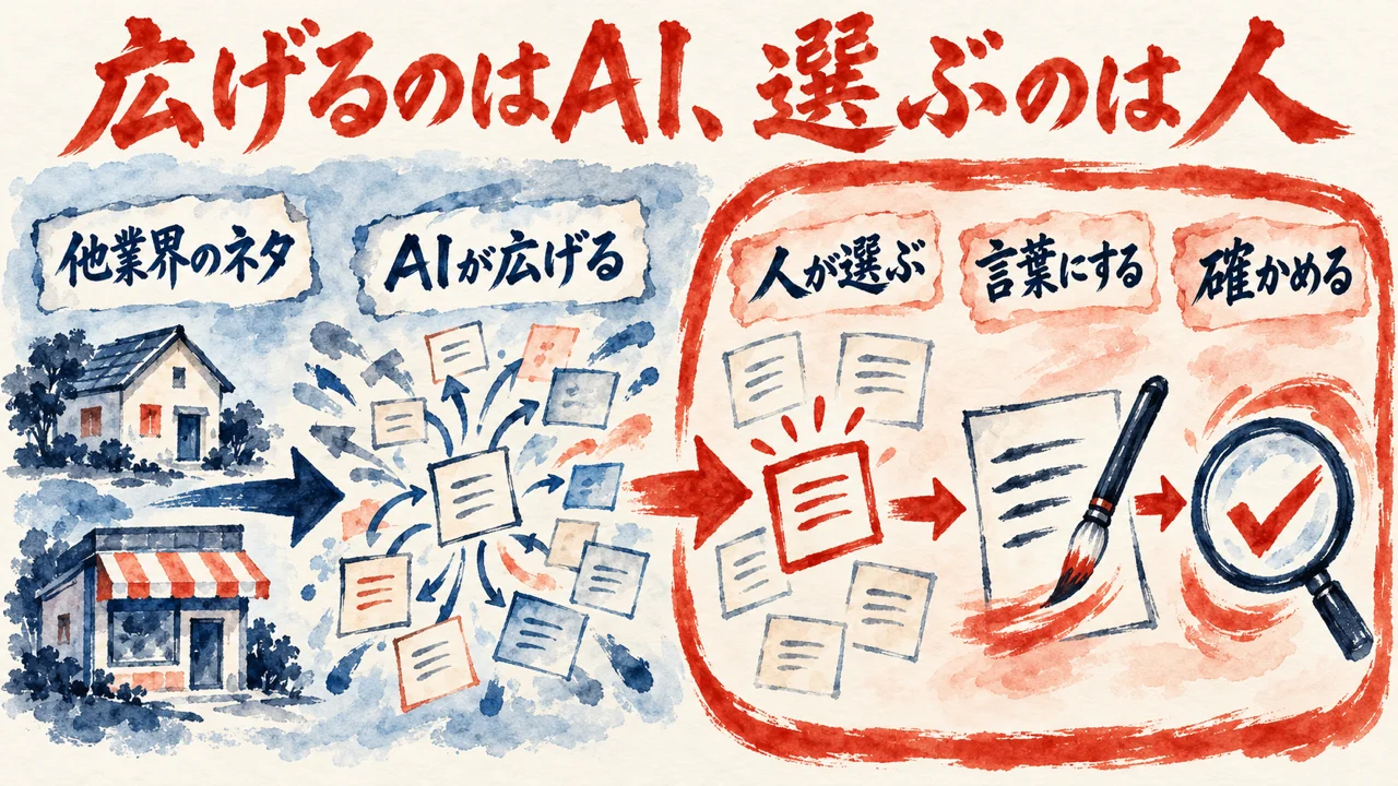 他業界のネタをAIが広げ、人が選び、言葉にして、確かめる流れを左右に分けた図解