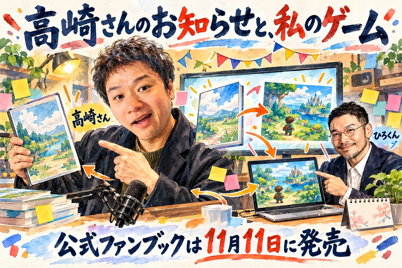 高崎さんのお知らせと、ひろくんのゲーム｜公式ファンブックの11月11日発売とゲームのリリースを紹介する場面の図