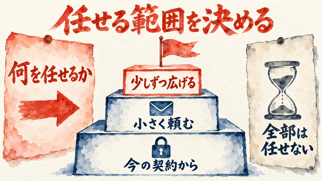 今の契約から、小さく頼む、少しずつ広げる、の三段の積み木の左右に、何を任せるか、全部は任せない、の札が立つ図解