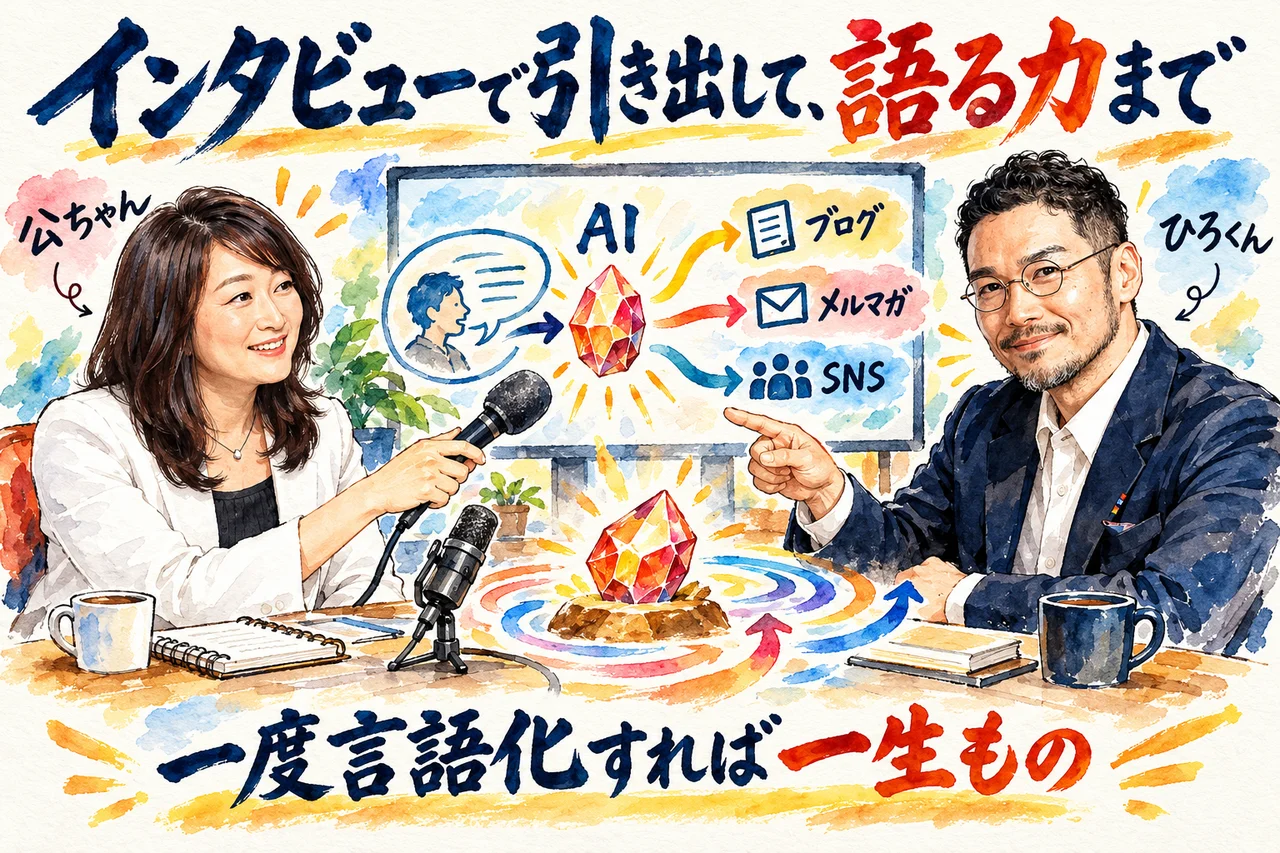 インタビューで引き出して語る力まで｜語りがブログ・メルマガ・SNSに広がる流れを、公ちゃんとひろくんが話した場面の図